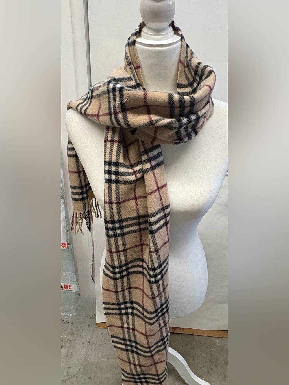 Burberry Beige Plaid Wool Scarf with Black and Red Check